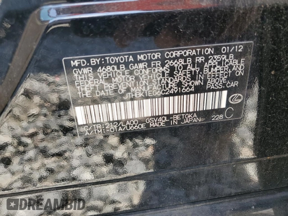 2012 Lexus ES 330 z VIN JTHBK1EG6C2491664, wystawiony jako Copart lot #55993345 z przebiegiem 141 375 mil mil oraz Szkoda całkowita • Salvage title. Historia ofert i sprzedaży dostępna na DreamBid. Obrazek 12.