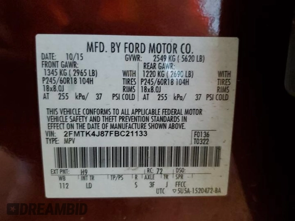 2015 Ford Edge SEL with VIN 2FMTK4J87FBC21133, listed as a Copart auction lot 50001275 with 67,512 mi miles and Salvage Title. Bid and sale history available at carsss.com. Image 15.