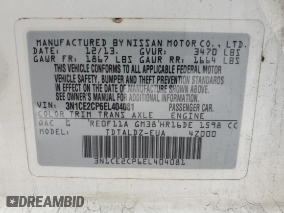 2014 Nissan Note S Plus with VIN 3N1CE2CP6EL404081, listed as a Copart auction lot 63346915 with 133,292 mi miles and Clean title. Bid and sale history available at DreamBid. Image 12.
