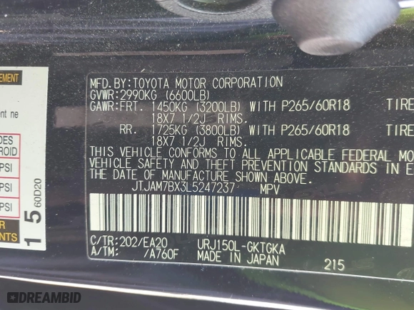 2020 Lexus GX with VIN JTJAM7BX3L5247237, listed as a IAAI auction lot 41175800 with 88,907 mi miles. Bid and sale history available at carsss.com. Image 9.
