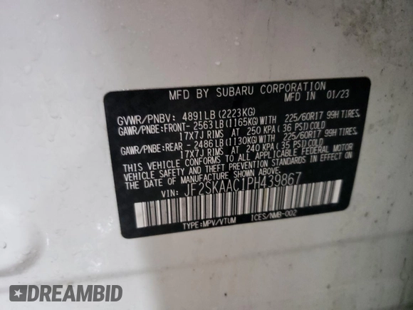 2023 Subaru Forester с VIN JF2SKAAC1PH439867, выставлен на аукционе Copart как лот 47495645 с пробегом Не указан миль и На запчасти • Non repairable. История ставок и продаж доступна на DreamBid. Изображение 13.