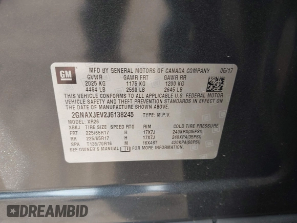2018 Chevrolet Equinox LT with VIN 2GNAXJEV2J6138245, listed as a IAAI auction lot 42054621 with Not Provided miles and . Bid and sale history available at carsss.com. Image 9.