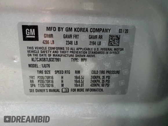 2020 Chevrolet Trax LS with VIN KL7CJKSB7LB327991, listed as a Copart auction lot 49324845 with 54,011 mi miles and Salvage Title. Bid and sale history available at DreamBid. Image 12.