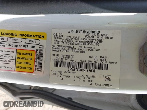 2017 Ford Fusion Titanium with VIN 3FA6P0K90HR168031, listed as a IAAI auction lot 42578926 with 210,268 mi miles and . Bid and sale history available at DreamBid. Image 9.