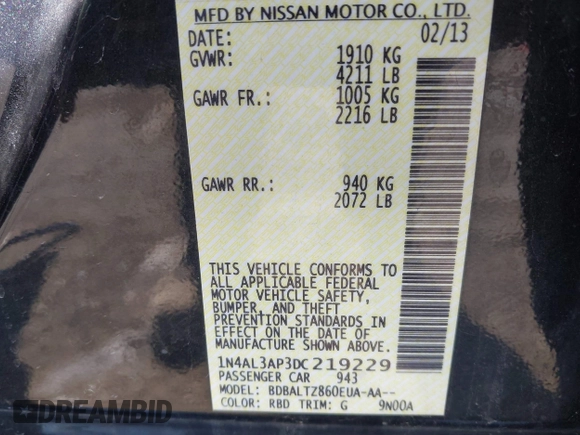 2013 Nissan Altima SV with VIN 1N4AL3AP3DC219229, listed as a IAAI auction lot 41875840 with 141,834 mi miles and . Bid and sale history available at carsss.com. Image 9.