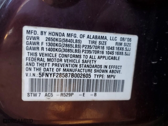 2007 Honda Pilot EX-L with VIN 5FNYF28587B002605, listed as a Copart auction lot 89319895 with 241,626 mi miles and Salvage Title. Bid and sale history available at carsss.com. Image 15.