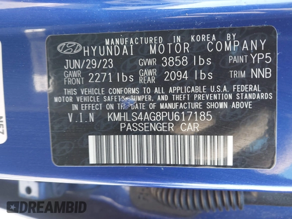 2023 Hyundai Elantra SEL with VIN KMHLS4AG8PU617185, listed as a IAAI auction lot 41843024 with 24,365 mi miles and . Bid and sale history available at DreamBid. Image 9.