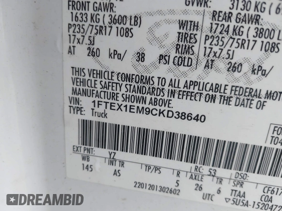 2012 Ford F-150 XL with VIN 1FTEX1EM9CKD38640, listed as a IAAI auction lot 41968454 with 188,557 mi miles. Bid and sale history available at carsss.com. Image 9.