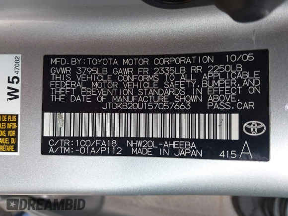 2005 Toyota Prius with VIN JTDKB20U157057663, listed as a IAAI auction lot 42075485 with 248,814 mi miles. Bid and sale history available at carsss.com. Image 9.