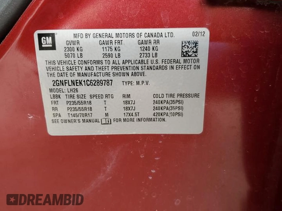 2012 Chevrolet Equinox LT w/2LT with VIN 2GNFLNEK1C6289787, listed as a Copart auction lot 49122095 with 100,653 mi miles and Salvage Title. Bid and sale history available at carsss.com. Image 13.