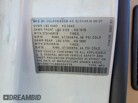 2008 Volkswagen Touareg V6 z VIN WVGBE77L88D024775, wystawiony jako Copart lot #83843144 z przebiegiem 152 413 mil mil oraz Szkoda całkowita • Salvage title. Historia ofert i sprzedaży dostępna na DreamBid. Obrazek 15.