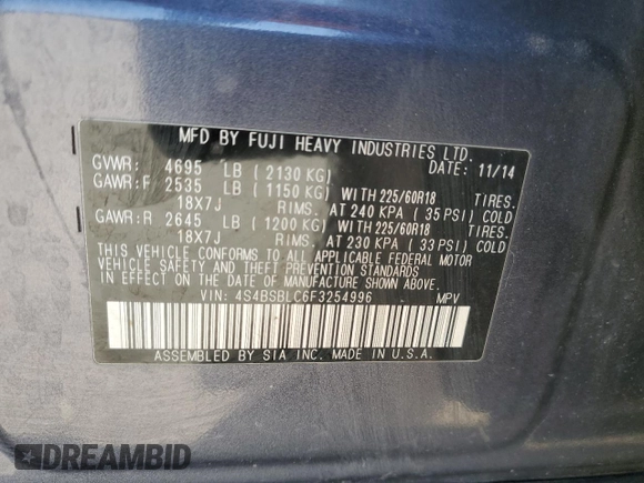 2015 Subaru Outback Limited with VIN 4S4BSBLC6F3254996, listed as a Copart auction lot 53826145 with 241,643 mi miles and Clean Title. Bid and sale history available at DreamBid. Image 13.