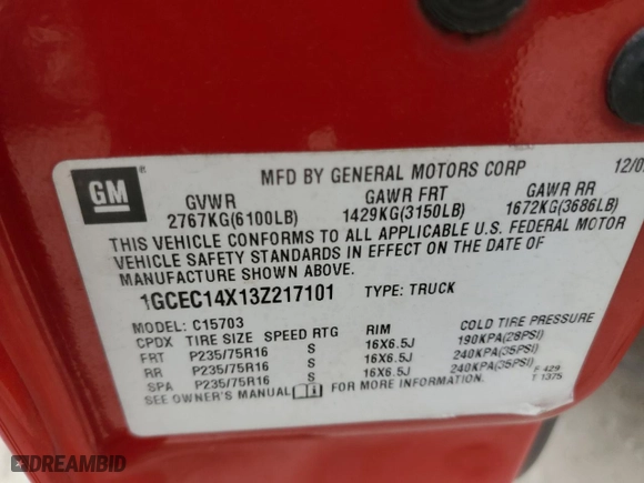 2003 Chevrolet Silverado 1500 with VIN 1GCEC14X13Z217101, listed as a Copart auction lot 41787875 with 379,637 mi miles and Salvage Title. Bid and sale history available at carsss.com. Image 12.
