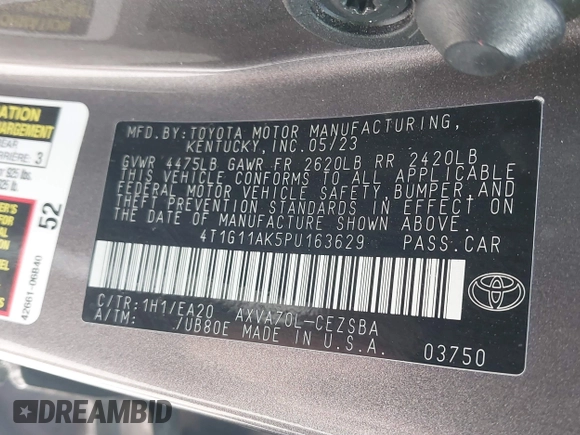 2023 Toyota Camry SE with VIN 4T1G11AK5PU163629, listed as a IAAI auction lot 42262131 with 47,617 mi miles and . Bid and sale history available at DreamBid. Image 9.