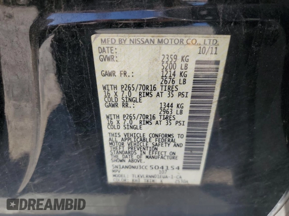 2012 Nissan Xterra X with VIN 5N1AN0NU3CC504154, listed as a Copart auction lot 56502705 with 271,418 mi miles and Salvage title. Bid and sale history available at DreamBid. Image 14.