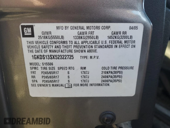 2005 GMC Envoy SLT with VIN 1GKDS13SX52322725, listed as a Copart auction lot 82032674 with 249,288 mi miles and Salvage Title. Bid and sale history available at carsss.com. Image 13.