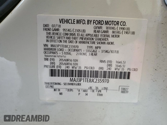 2018 Ford EcoSport SE z VIN MAJ3P1TE8JC235970, wystawiony jako Copart lot #69522024 z przebiegiem 49 946 mil mil oraz Szkoda całkowita • Salvage title. Historia ofert i sprzedaży dostępna na DreamBid. Obrazek 12.