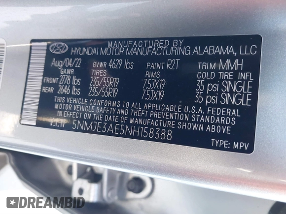 2022 Hyundai Tucson Limited with VIN 5NMJE3AE5NH158388, listed as a IAAI auction lot 41723616 with 19,059 mi miles. Bid and sale history available at carsss.com. Image 9.