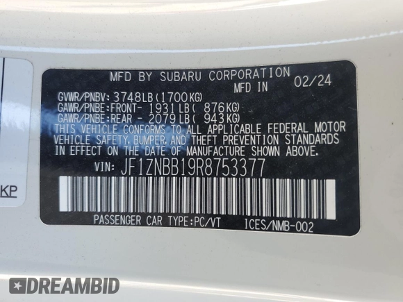 2024 Toyota 86 with VIN JF1ZNBB19R8753377, listed as a Copart auction lot 44707145 with 6,039 mi miles and Salvage Title. Bid and sale history available at DreamBid. Image 12.