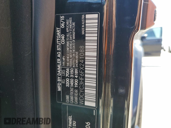 2015 Mercedes-Benz G 550 z VIN WDCYC3HF6FX241088, wystawiony jako Copart lot #73836084 z przebiegiem Nie podano mil oraz Szkoda całkowita • Salvage title. Historia ofert i sprzedaży dostępna na DreamBid. Obrazek 14.