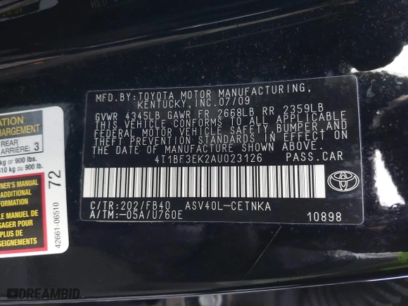 2010 Toyota Camry with VIN 4T1BF3EK2AU023126, listed as a IAAI auction lot 41376936 with 91,572 mi miles. Bid and sale history available at carsss.com. Image 9.