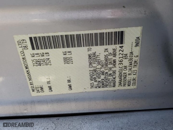2020 Nissan Maxima SL with VIN 1N4AA6DV1LC361224, listed as a Copart auction lot 46669235 with 102,637 mi miles and Salvage Title. Bid and sale history available at carsss.com. Image 12.
