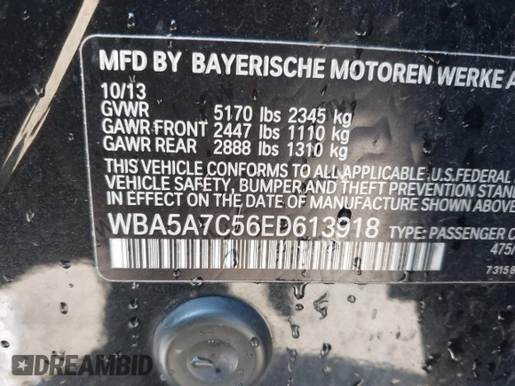 2014 BMW 5 Series 528i xDrive with VIN WBA5A7C56ED613918, listed as a IAAI auction lot 41744501 with 86,917 mi miles and . Bid and sale history available at DreamBid. Image 9.