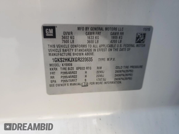 2016 GMC Yukon XL Denali with VIN 1GKS2HKJXGR220635, listed as a Copart auction lot 48920655 with 113,924 mi miles and Salvage Title. Bid and sale history available at DreamBid. Image 13.