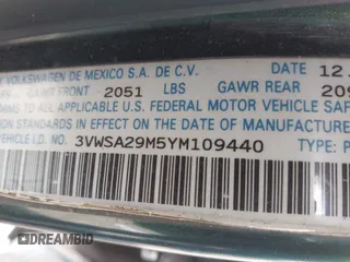2000 Volkswagen Jetta GLS с VIN 3VWSA29M5YM109440, выставлен на аукционе IAAI как лот 42177790 с пробегом 163 995 миль миль и . История ставок и продаж доступна на DreamBid. Изображение 9.