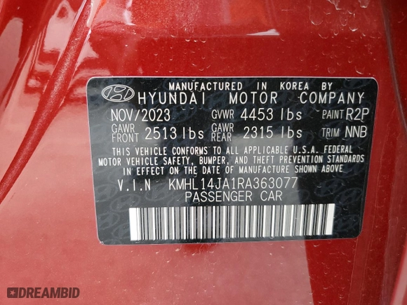 2024 Hyundai Sonata SEL with VIN KMHL14JA1RA363077, listed as a Copart auction lot 49425155 with 7,351 mi miles and Salvage Title. Bid and sale history available at carsss.com. Image 12.
