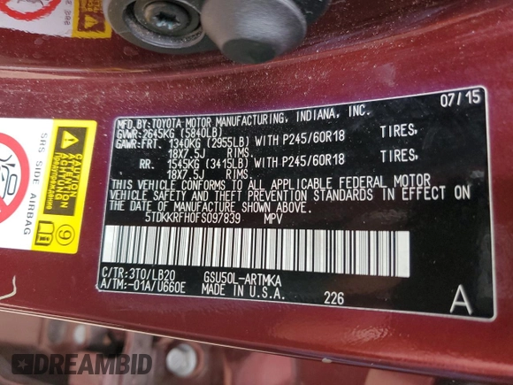 2015 Toyota Highlander XLE z VIN 5TDKKRFH0FS097839, wystawiony jako Copart lot #57030755 z przebiegiem 105 997 mil mil oraz Szkoda całkowita • Salvage title. Historia ofert i sprzedaży dostępna na DreamBid. Obrazek 13.