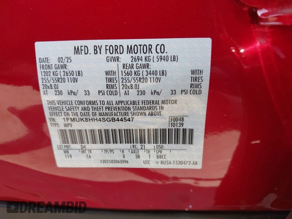 2025 Ford Explorer with VIN 1FMUK8HH4SGB44547, listed as a IAAI auction lot 42427779 with 3,008 mi miles and . Bid and sale history available at DreamBid. Image 9.