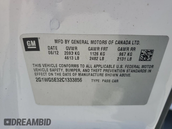 2012 Chevrolet Impala LT Fleet with VIN 2G1WG5E32C1333856, listed as a Copart auction lot 53059575 with 83,855 mi miles and Salvage Title. Bid and sale history available at DreamBid. Image 12.