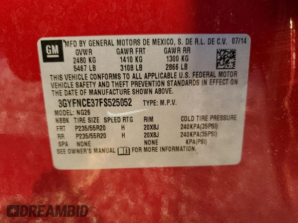 2015 Cadillac SRX Performance Collection z VIN 3GYFNCE37FS525052, wystawiony jako Copart lot #50101105 z przebiegiem 138 471 mil mil oraz Szkoda całkowita • Salvage title. Historia ofert i sprzedaży dostępna na DreamBid. Obrazek 14.