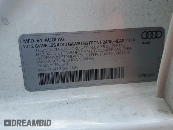 2013 Audi A4 Premium with VIN WAUAFAFL3DN025331, listed as a Copart auction lot 55122445 with 114,147 mi miles and Salvage title. Bid and sale history available at DreamBid. Image 12.