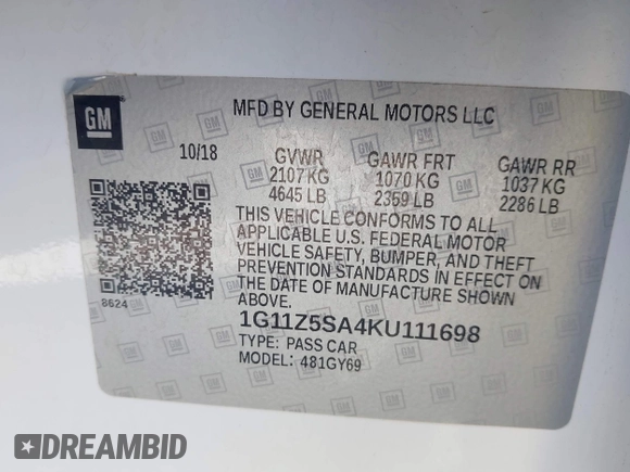 2019 Chevrolet Impala LT with VIN 1G11Z5SA4KU111698, listed as a IAAI auction lot 41943449 with 122,133 mi miles and . Bid and sale history available at DreamBid. Image 9.