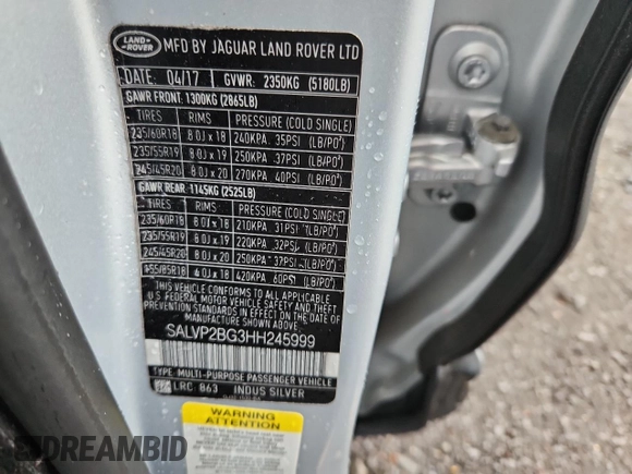 2017 Land Rover Range Rover Evoque SE с VIN SALVP2BG3HH245999, выставлен на аукционе Copart как лот 64409485 с пробегом 90 451 миль миль и Списание • Salvage title. История ставок и продаж доступна на DreamBid. Изображение 13.