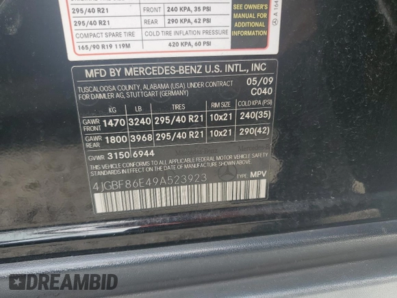 2009 Mercedes-Benz GL-Class 5.5L with VIN 4JGBF86E49A523923, listed as a Copart auction lot 76511554 with 184,489 mi miles and Salvage Title. Bid and sale history available at carsss.com. Image 14.