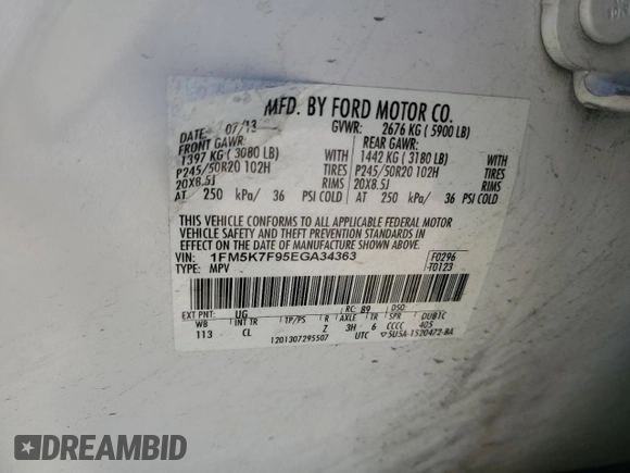 2014 Ford Explorer Limited with VIN 1FM5K7F95EGA34363, listed as a Copart auction lot 73615374 with 237,982 mi miles and Clean Title. Bid and sale history available at DreamBid. Image 13.