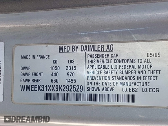 2009 Smart fortwo Passion with VIN WMEEK31XX9K292529, listed as a IAAI auction lot 41836326 with 75,750 mi miles and . Bid and sale history available at DreamBid. Image 9.