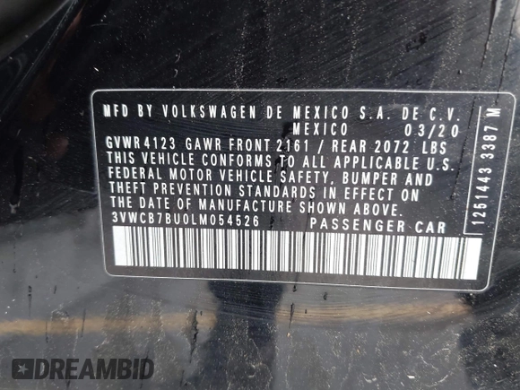 2020 Volkswagen Jetta S z VIN 3VWCB7BU0LM054526, wystawiony jako IAAI lot #42102027 z przebiegiem 75 780 mil mil oraz . Historia ofert i sprzedaży dostępna na DreamBid. Obrazek 9.