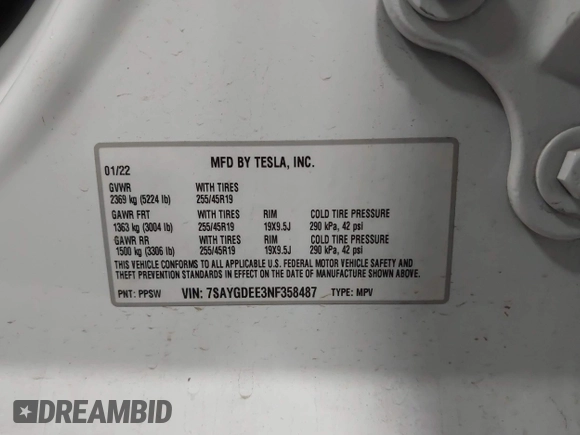 2022 Tesla Model Y Long Range z VIN 7SAYGDEE3NF358487, wystawiony jako IAAI lot #42036969 z przebiegiem 52 723 mil mil oraz . Historia ofert i sprzedaży dostępna na DreamBid. Obrazek 9.