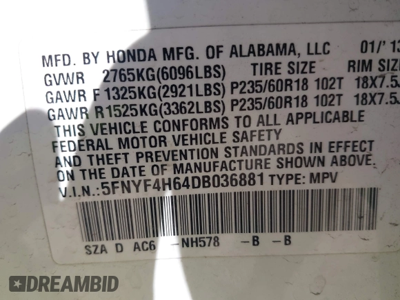 2013 Honda Pilot EX-L with VIN 5FNYF4H64DB036881, listed as a IAAI auction lot 41975835 with 115,539 mi miles and . Bid and sale history available at carsss.com. Image 9.