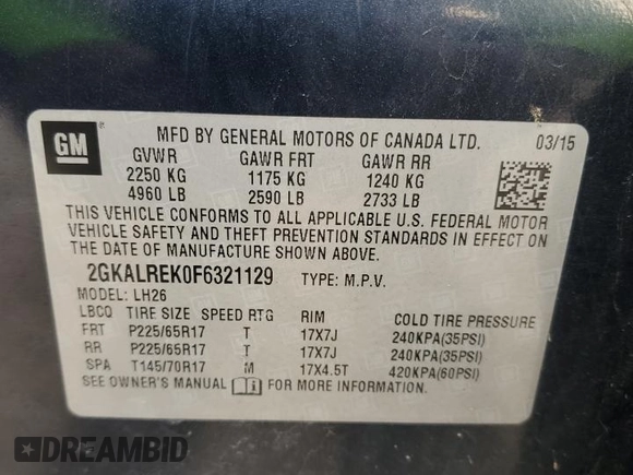 2015 GMC Terrain SLE z VIN 2GKALREK0F6321129, wystawiony jako Copart lot #53938955 z przebiegiem 209 659 mil mil oraz Nie do naprawy • Non repairable. Historia ofert i sprzedaży dostępna na DreamBid. Obrazek 13.