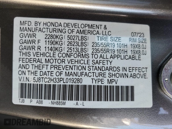 2023 Acura RDX with VIN 5J8TC2H33PL019280, listed as a Copart auction lot 69514584 with 6,255 mi miles and Salvage Title. Bid and sale history available at carsss.com. Image 15.