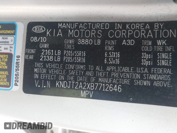 2011 Kia Soul + with VIN KNDJT2A2XB7712646, listed as a IAAI auction lot 41867141 with 201,819 mi miles and . Bid and sale history available at DreamBid. Image 9.