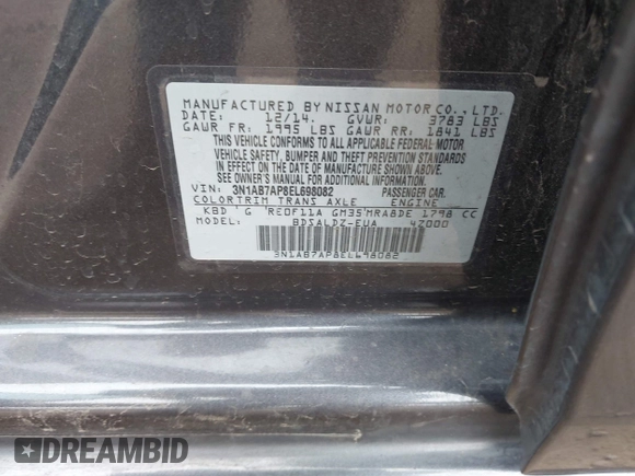 2014 Nissan Sentra S with VIN 3N1AB7AP8EL698082, listed as a IAAI auction lot 42034757 with 178,651 mi miles and . Bid and sale history available at DreamBid. Image 9.