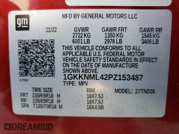 2023 GMC Acadia SLT with VIN 1GKKNML42PZ153487, listed as a Copart auction lot 47357855 with 43,887 mi miles and Non Repairable. Bid and sale history available at DreamBid. Image 14.