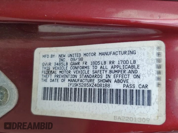 1999 Chevrolet Prizm z VIN 1Y1SK5285XZ408188, wystawiony jako Copart lot #76388964 z przebiegiem 114 085 mil mil oraz Szkoda całkowita • Salvage title. Historia ofert i sprzedaży dostępna na DreamBid. Obrazek 12.