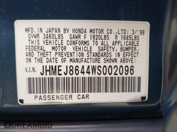 1998 Honda Civic EX with VIN JHMEJ8644WS002096, listed as a IAAI auction lot 41828342 with 184,283 mi miles. Bid and sale history available at carsss.com. Image 9.